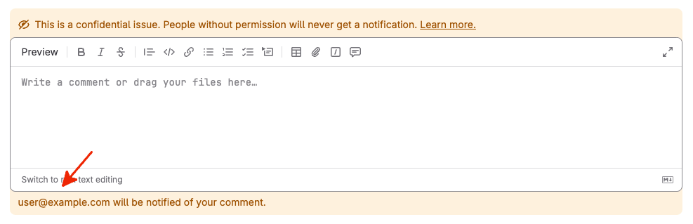 Warning below the comment editor listing external participants